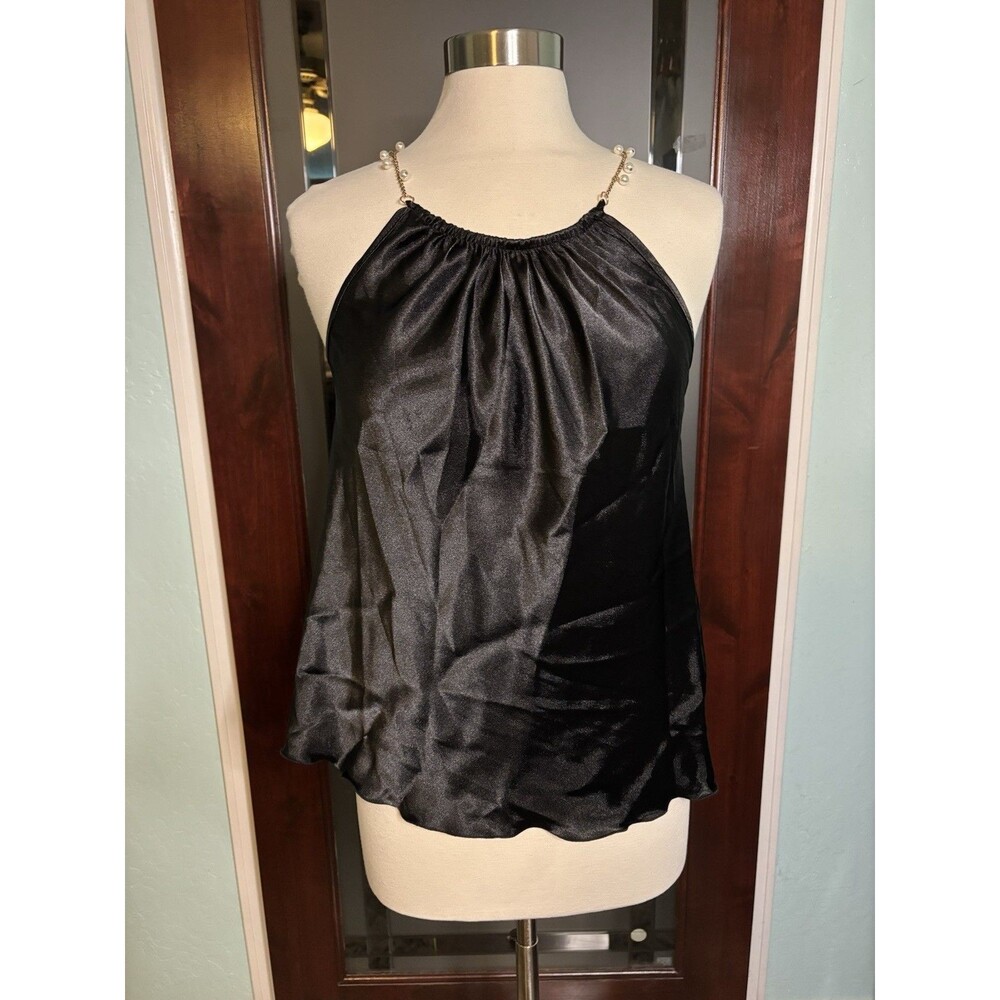 New GLAM Tash + Sophie Black With Faux Pearl Straps Satin Tank Top #136